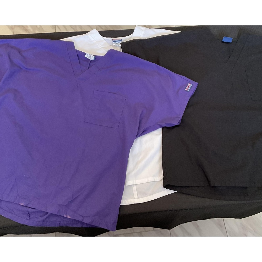 3pk Cherokee Workwear Scrub Shirt Medium Black Purple White Medical Uniform Top